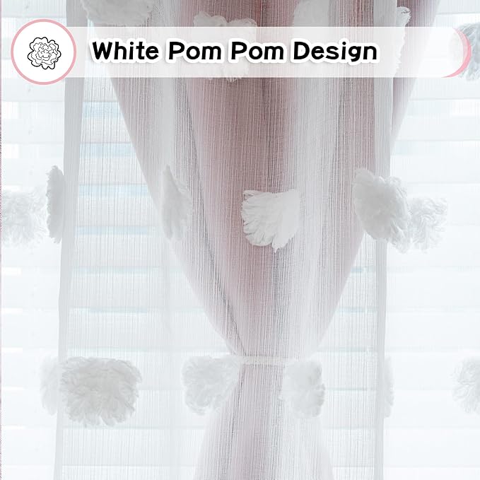 Mysky Home Double layer curtains, living room, nursery, bedroom, translucent, white pompoms, dining room, window panels, room darkening, 52 x 84 inches, pink