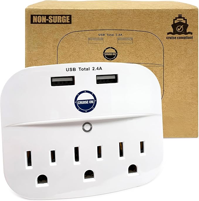 Cruise Approved Power Strip - Non Surge Protector for Cruise Ship with 2 USB Outlets - Cruise Ship Essentials 2024 for Carnival, Princess, Norwegian, Holland America, MSC Major Cruise Lines (White)
