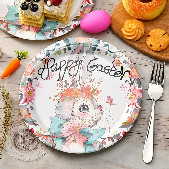 30 Pcs Easter Plates Bunny Plates, 9" Easter Paper Plates Easter Dinner Plates Easter Dessert Plates, Easter Disposable Plates Spring Bunny Paper Plates Easter Salad Party Plates Dinnerware