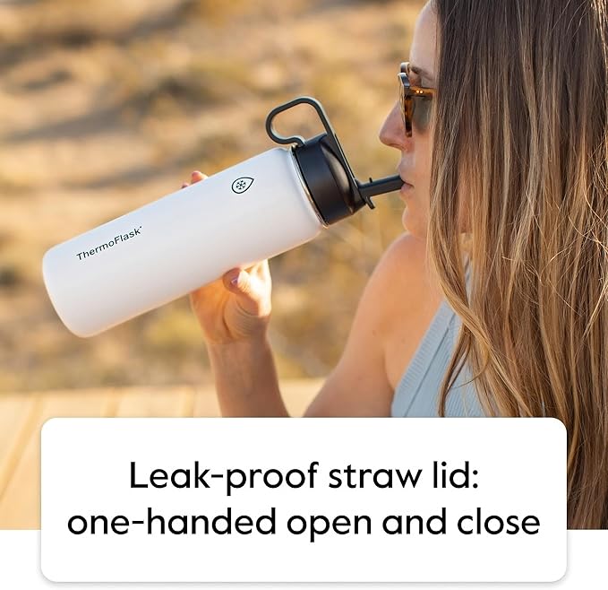 ThermoFlask Bottle with Chug Lid & Straw Lid - Insulated Stainless Steel Water Bottle with Leak-Proof Lids - Dishwasher-Safe Reusable Bottle & Lids - Durable Bottle, 2 Straws & 2 Lids - 64 oz, Black