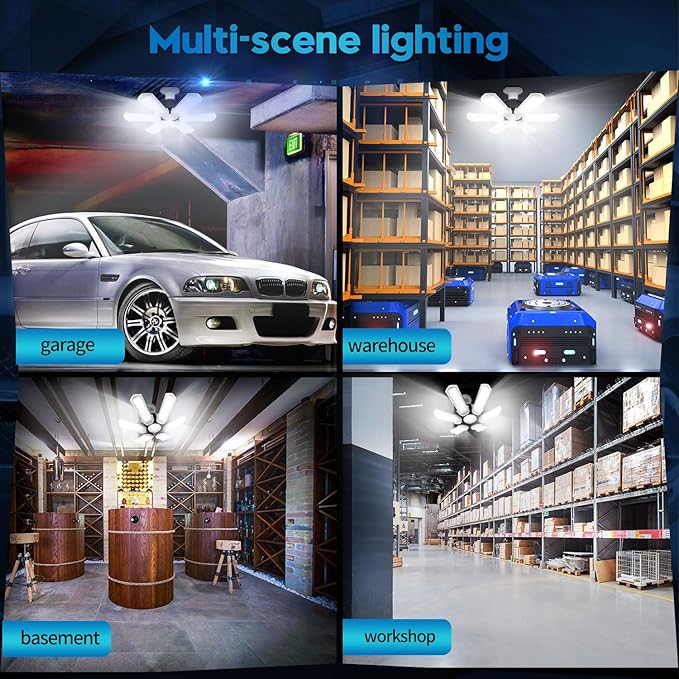 TANBABY Upgrade LED Garage Light, 150W Deformable Ceiling LED Shop Light, 15000LM E26E27 Garage Lighting with 61 Adjustable Panels Garage Bulb for Basement (1pack)