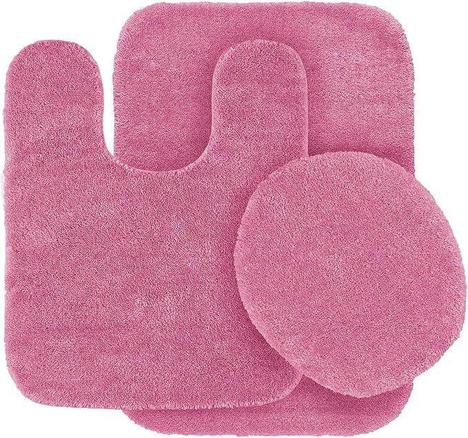 Fancy Linen 3pc Solid Non-Slip Bath Mat Set Bathroom U-Shaped Contour Rug, Mat and Toilet Lid Cover New 6 (Hot Pink)
