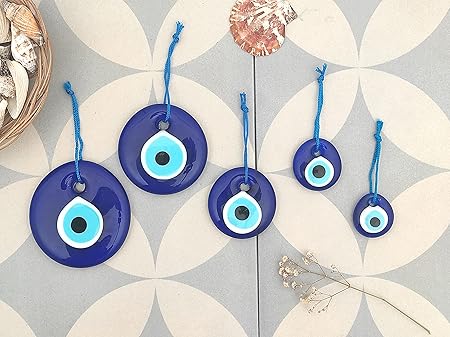 Blue Evil Eye Hanging Ornament Set of 5 - Turkish Glass Nazar Home Protection Charm - Wall Decor for Housewarming, Blessing, Wedding Engagement