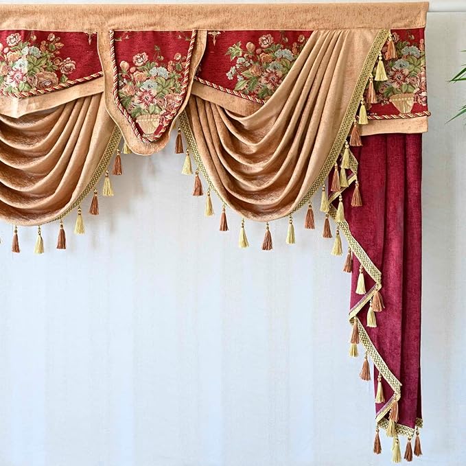 Luxury Brown Burgundy Floral Waterfall Swag Valance with Tassels for Living Room Bedroom Windows European Design Rod Pocket Top (150 cm, 1 Panel)