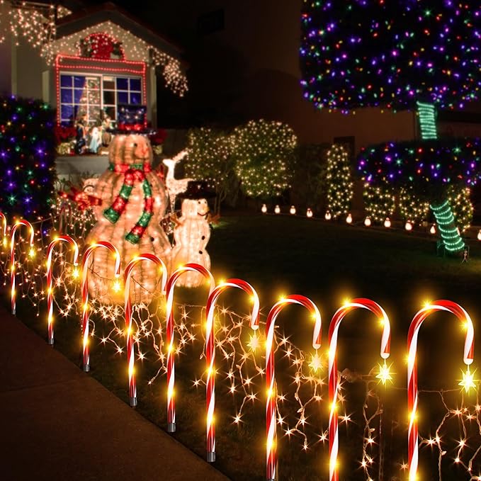 12 Pack Christmas Candy Cane Lights, Solar Christmas Candy Cane Decorations Waterproof Pathway Markers Lights with Star for Outdoor Christmas Decorations Gifts Yard Driveway Lawn Garden Xmas Tree