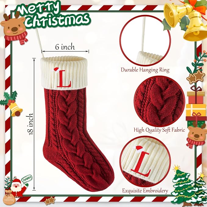 Personalized Christmas Stockings with Initials, 18 Inches Xmas Embroidered Monogrammed Cable Knitted Stocking for Family, Holiday Hanging Decoration Gifts for Fireplace(Red and White L)