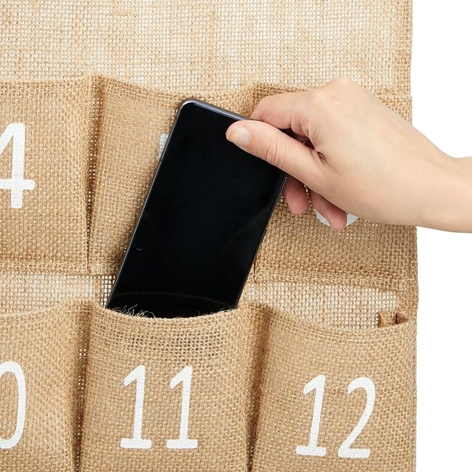 Juvale 30-Row Burlap Cell Phone Holder for Classroom, Farmhouse Designed White Numbered Hanging Pocket Organizer for Mobile Phones, Calculator Caddy, Organization (23x31 in)