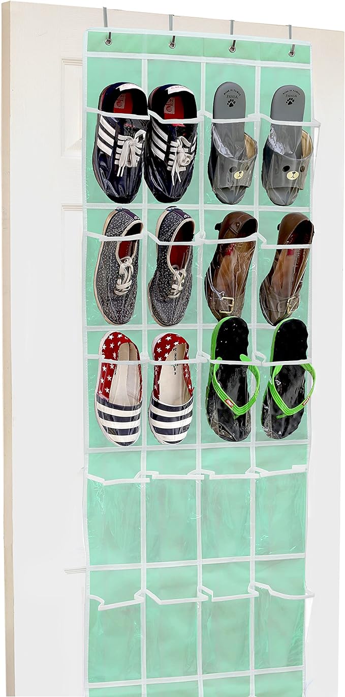 Simple Houseware 24 Pockets - Crystal Clear Over The Door Hanging Shoe Organizer, Turquoise (64'' x 19'')