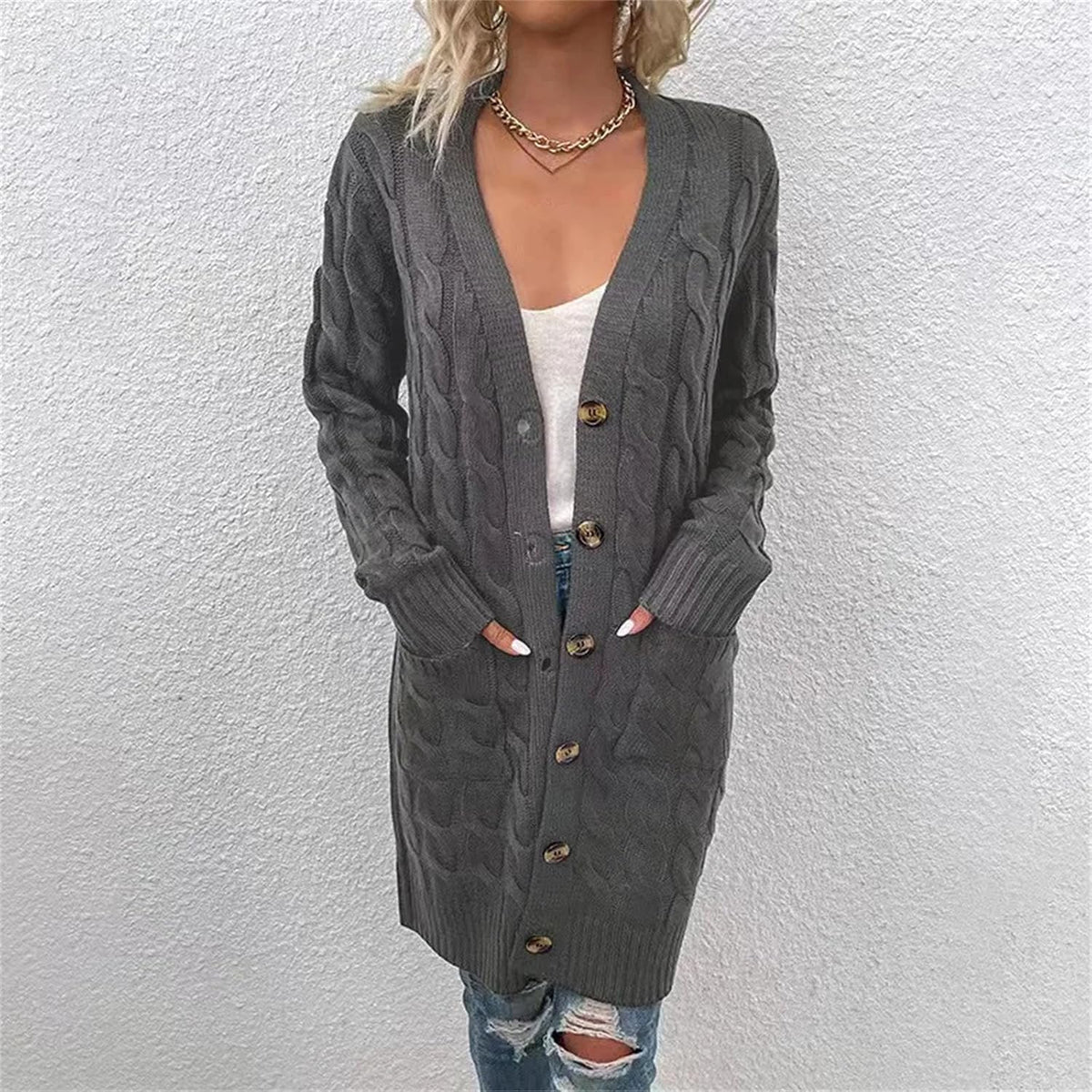Women's Twists Knitted Loose Sweater Overcoat with Pocket Fashion Front Button