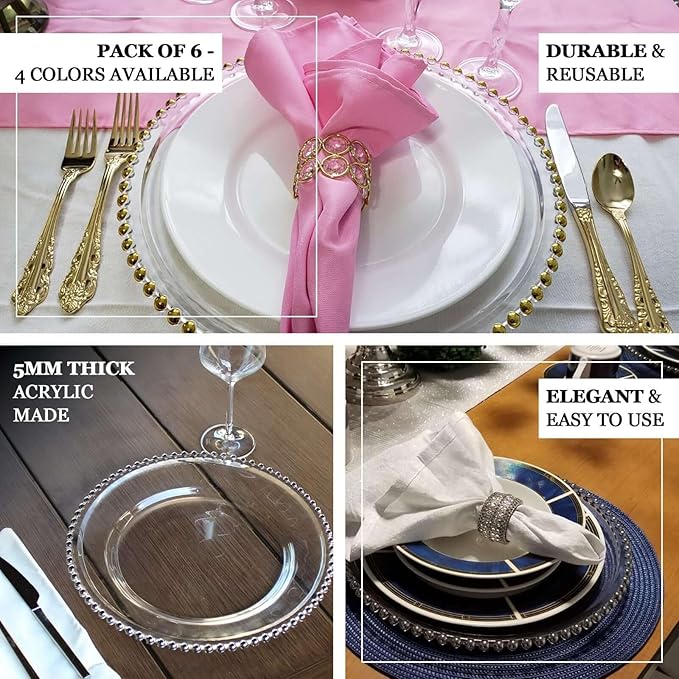 Efavormart 6 Pack 12" Gold Clear Acrylic Round Charger Plates With Beaded Rim Dinner Charger Plates
