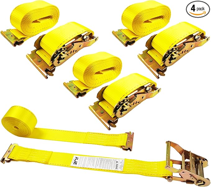 KJE E-Track Ratchet Straps, 4 Pack 2" x20' Heavy Duty Cargo Tie-Downs, 4500LBS Breaking Strength, Standard E Track Fitting Tie Down Ratcheting Strap for Cargo Vans, Trucks, Trailers
