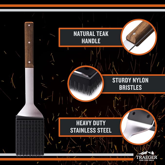 Traeger Grills BAC537 BBQ Cleaning Brush for Outdoor Grill Ai Stainless Steel Grill Scraper with Nylon Bristles, Teak Wood Handle, Dual Grip Design, and Hanging Loop