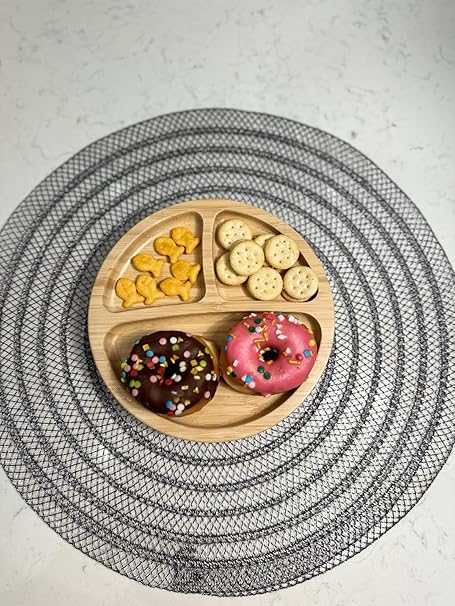 Wooden Bamboo Round Sectional Plates, Fun Baby Led Weaning Dishes with Suction Cup for Toddlers