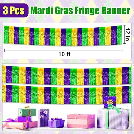 3 Pack 10 Ft Gold Green Purple Foil Fringe Garland Metallic Tinsel Streamers Banner Wall Hanging Curtain Backdrop for Parade Floats, Christmas Day, Thanksgiving, Halloween, New Year Party Decoration