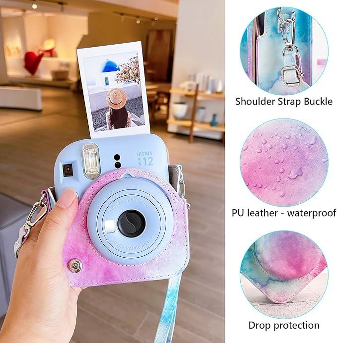 MUZIRI KINOKOO Case for Fujifilm Fuji Instax Mini 12Fuji Mini 12 Instant Camera - PU Leather Protective Case Cover Bag with Adjustable Shoulder Strap - Blue Pink Watercolor