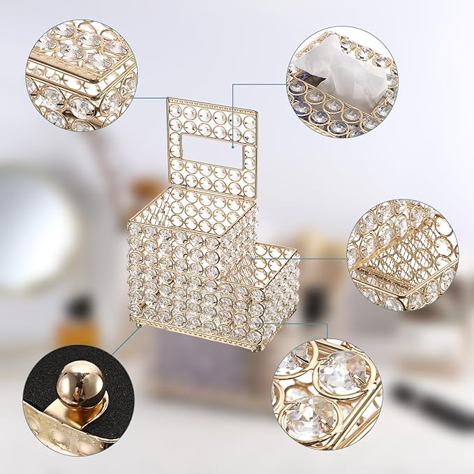 Sumnacon Square Crystal Tissue Box Cover -Sparkling Cube Tissue Box with Side Organizer,Decorative Tissue Holder for Living Room Vanity Night Stand Desk Countertop Office, Gold
