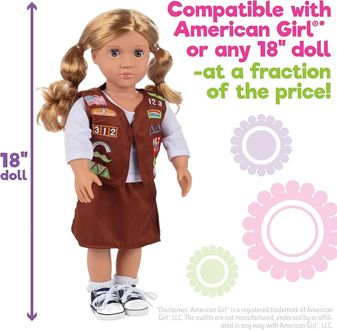 5pc Girls Troop Doll Outfit - 18" Doll Clothes Accessories - Set Includes Shirt, Skirt, Socks, Sneakers, Vest with Badges - Gifts for Girls