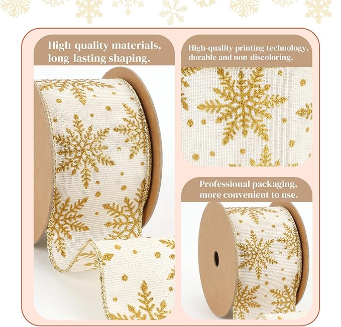 LaRibbons Gold Christmas Wired Ribbon, 2.5 Inch x 10 Yards Gold Snowflake Burlap Ribbon for Tree Decoration,Wreath,Bows,Gift Wrapping