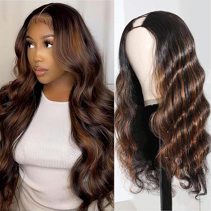 U Part Human Hair Wig Body Wave Highlight 1b30 Ombre Brown Wig Human Hair 180 Density U Part Wig Half Brazilian Virgin Human Hair Wigs For Black Women Clip In Glueless No Leave Out Wig 18Inch