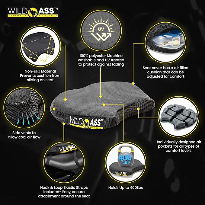 Motorcycle Air Gel-Classic Smart Seat - Ergonomic Universal Fitting Air Adjusting Pad with Straps - Ultimate Rider Comfort & Relief, Cool Flow Motorcycle Accessories for Long Rides - Black