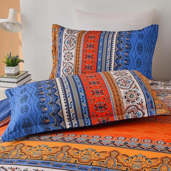 Boho Comforter Queen Size, 3 Piece Blue Orange Bohemian Striped Western Comforter Set, Ultra Soft Lightweight Microfiber Boho Hippie Bedding Set with 2 Pillow Shams for All Seasons