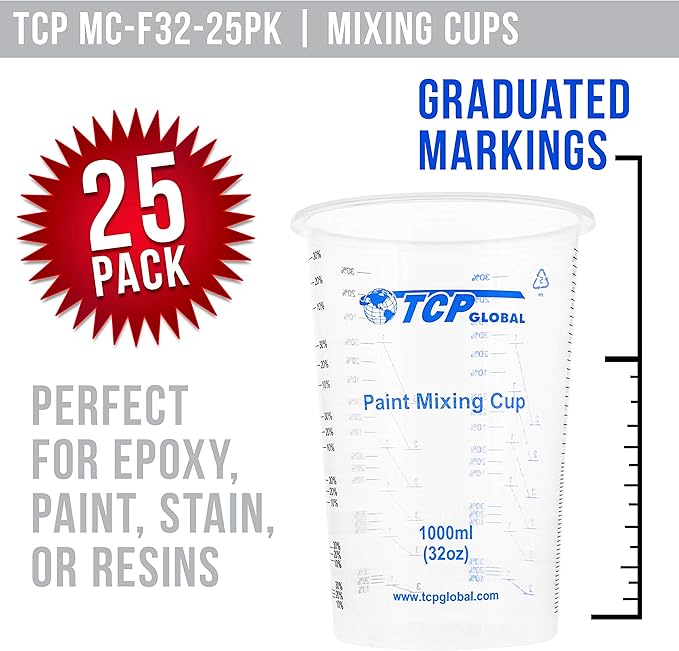 TCP Global 32 Ounce (1000ml) Disposable Flexible Clear Graduated Plastic Mixing Cups - Box of 25 Cups - Use for Paint, Resin, Epoxy, Art, Kitchen, Cooking, Baking - Measuring Ratios 2-1, 3-1, 4-1, ML