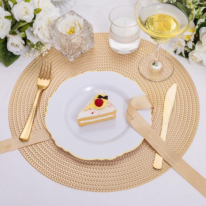 WDF 60pcs Gold Dessert Plates-7.5inch Baroque Gold Plastic Plates/White And Gold Disposable Dessert/Salad Plastic Plates for Upscale Parties &Wedding