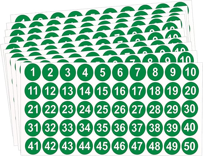 Number decals, consecutive number decals from 1 to 50, 10 sheets of round number labels, green vinyl small number decals for office, classroom, storage,