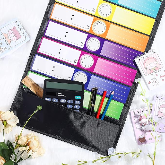 Chinco Daily Schedule Pocket Chart School Class Schedule Kit 13+1 Pocket Chart, 2 Hook, Title Card, 30 Double-Sided Blank Erasable Card for Classroom School or Home(Black)
