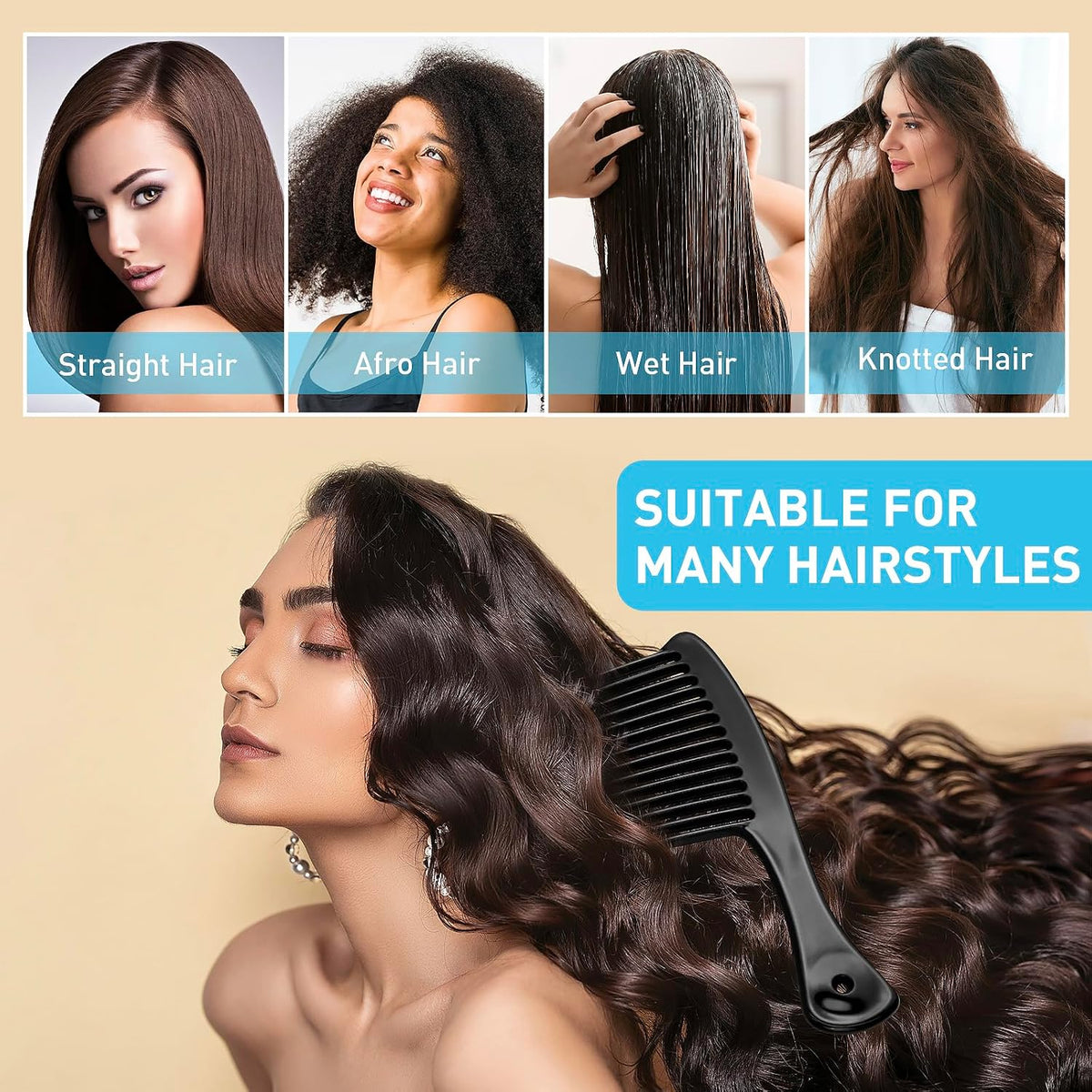 HDAJY Wide Tooth Comb, Large Thickened Hair Comb, Black Shower Combs for Wet Curly Straight Hair, Round Comb Teeth, No Hair Damage
