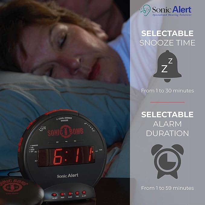Sonic Bomb Dual Extra Loud Alarm Clock with Bed Shaker, Black Sonic Alert Vibrating, Heavy Sleepers, Battery Backup Wake with a Shake