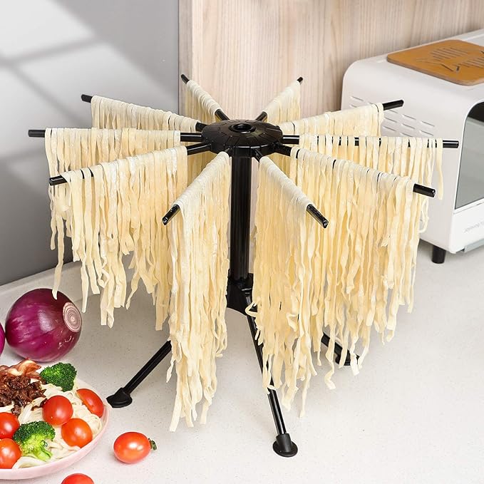 Ourokhome Collapsible Pasta Drying Rack, Plastic Foldable Homemade Fresh Spaghetti Stand Dryer Noodle Hanger for Kitchen with 10 Arms, Stable, Easy Storage, Quickly Set Up (Black)