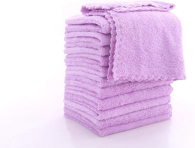 12 Pack Baby Washcloths - Extra Absorbent and Soft Wash Clothes for Newborns, Infants and Toddlers - Suitable for Baby Skin and New Born - Microfiber Coral Fleece 12x12 Inches, Violet Purple