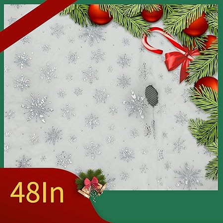 Christmas Tree Skirt, 48 Inch White Luxury Faux Fur Silver Sequin Snowflakes, 4ft Xmas Tree Skirt for Holiday Tree for Holiday Ornaments Party