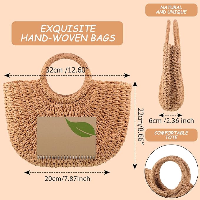 Frienda Straw Tote Bag Summer Beach Bag Handmade Straw Rattan Woven Handbag for Women Travel