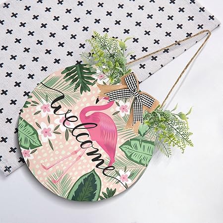 xigua Tropical Pink Flamingo Welcome Sign Front Door Decor, Outdoor Hanging Porch Wreath Interchangeable Seasonal Icons for Farmhouse Wall Home Holida