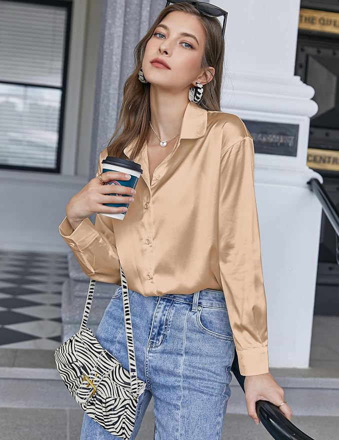 Chigant Women's Blouse Satin Silk Shirts Button Down Shirts Casual Loose Long Sleeve Office Work Tunic Tops