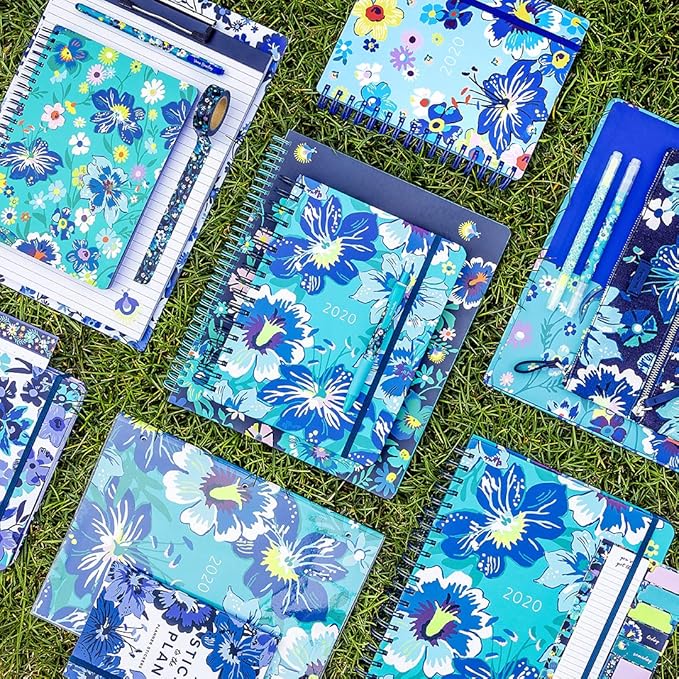 Vera Bradley Blue Floral Large Spiral Notebook with Pocket and 160 Lined Pages, Moonlight Garden