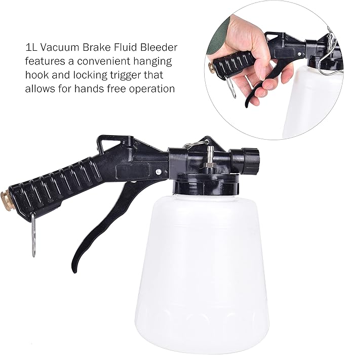 PONO 1-Liter Vacuum Brake Fluid Bleeder - Brake Bleeder kit - Hanging Hook and Locking Trigger Allows for Hands Free Operation