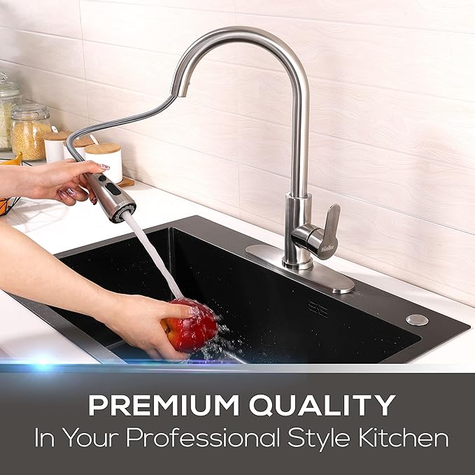 Mueller Single Handle Stainless Steel Kitchen Sink Faucet, High Arc, Single Lever, Pull-Out Sprayer Head, Stream Flow, Powerful Spray Kitchen Sink, with Deck Plate Brushed Nickel Finish