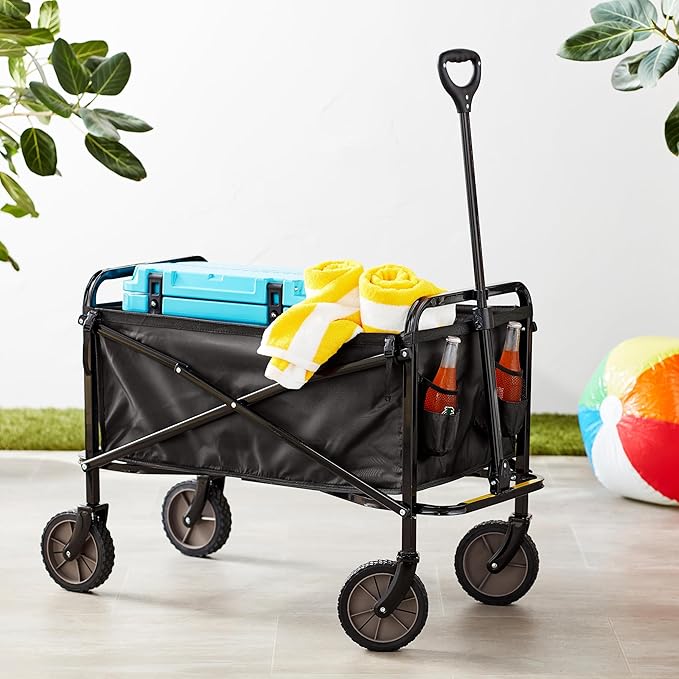 Basics Collapsible Folding Outdoor Utility Wagon for Sports, Garden, Camping, and Shopping, Heavy Duty, Large Capacity, Black