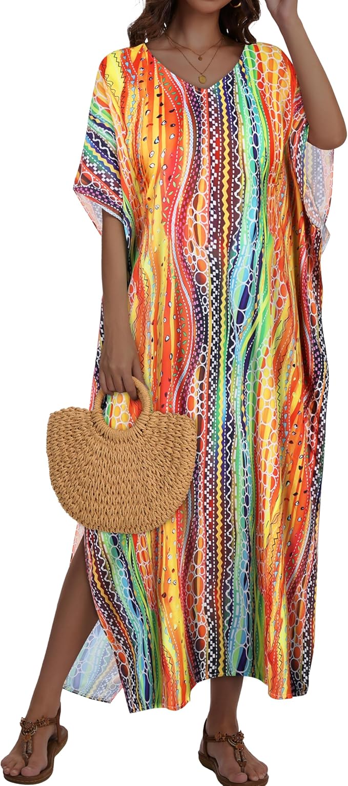 Kaftan Dresses for Women V Neck Caftan Long Batwing Sleeve Swimsuit Cover Up Beach Swimwear