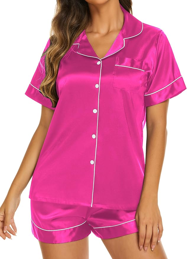 Ekouaer Silk Pajama Sets Womens 2 Piece Short Sleeve Sleepwear Soft Button Down Loungewear Satin Pjs Shorts Lounge Set S-XXL