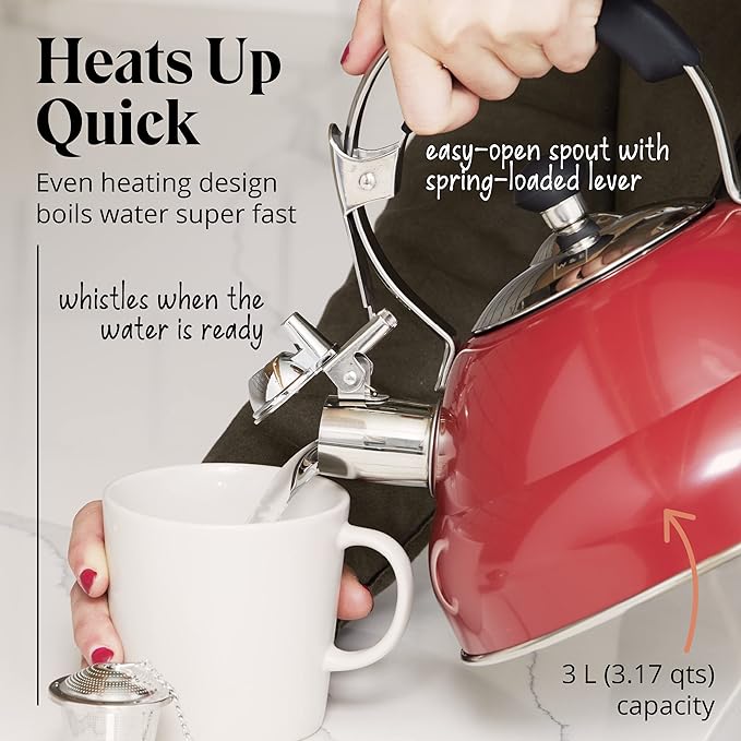 Willow & Everett Whistling Tea Kettle for Stove Top - 3.17 Quart Tea Pots for Stove Top w/Stainless Steel, Mirror Finish