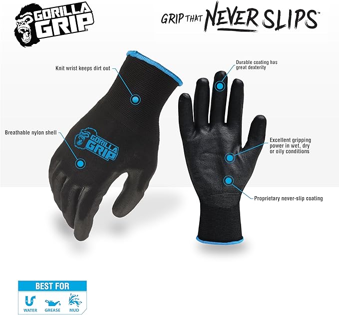 Gorilla Grip Gloves, Max Grip, All Purpose Work Gloves, Slip Resistant, Nylon Shell, Medium, 1 Pair