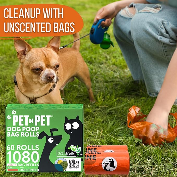 Pet N Pet 1080 Counts Orange Poop Bags for Dogs, 38% Plant Based & 62% PE Extra Thick Dog Poop Bags Rolls, 9" x 13", Unscented Pet Waste Bag