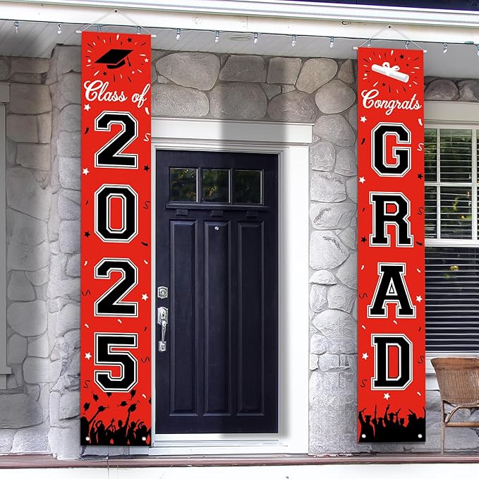 Graduation Decorations 2025, Graduation Banner Class of 2025, Hanging Congratulations/Congrats Grad Banner for Door and Porch, Party Decor - Red
