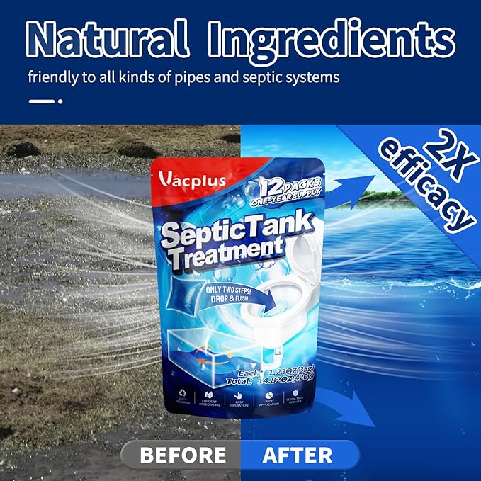 Vacplus Septic Tank Treatment 12 Pcs for 1-Year Supply, Dissolvable Packs with Easy Operation, Durable Biodegradable Enzymes for Wastes, Greases Odors, Blue, 2X Efficiency
