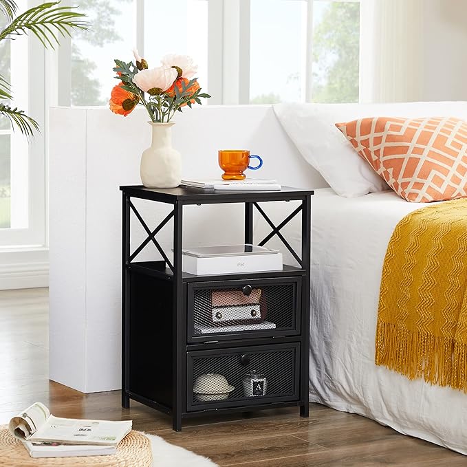 VECELO Modern Night Stand, End Side Table with Storage Space and Door, Nightstands with Flip Drawers for Living Room,Bedroom,Lounge