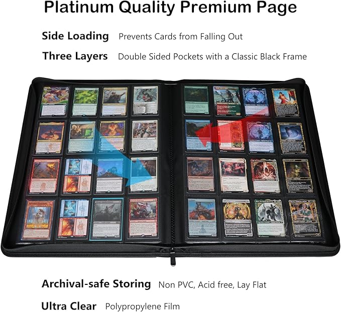Rayvol Premium 1000 Pockets Card Binder, 16-Pocket Ringless Trading Card Album Folder - Side Loading UltraSonic-161024 Tech Zip Binder for TCG -Black
